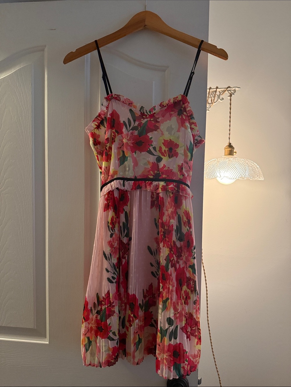 foxiedox Pink Floral Pleated Mini Dress with Black Trim